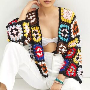 NWT BY ANTHROPOLOGIE Colorblocked Granny Square Crochet Cardigan Black One Size